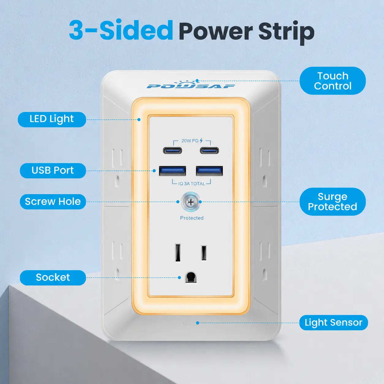 POWSAF Multi Plug Outlet Surge Protector with USB Ports