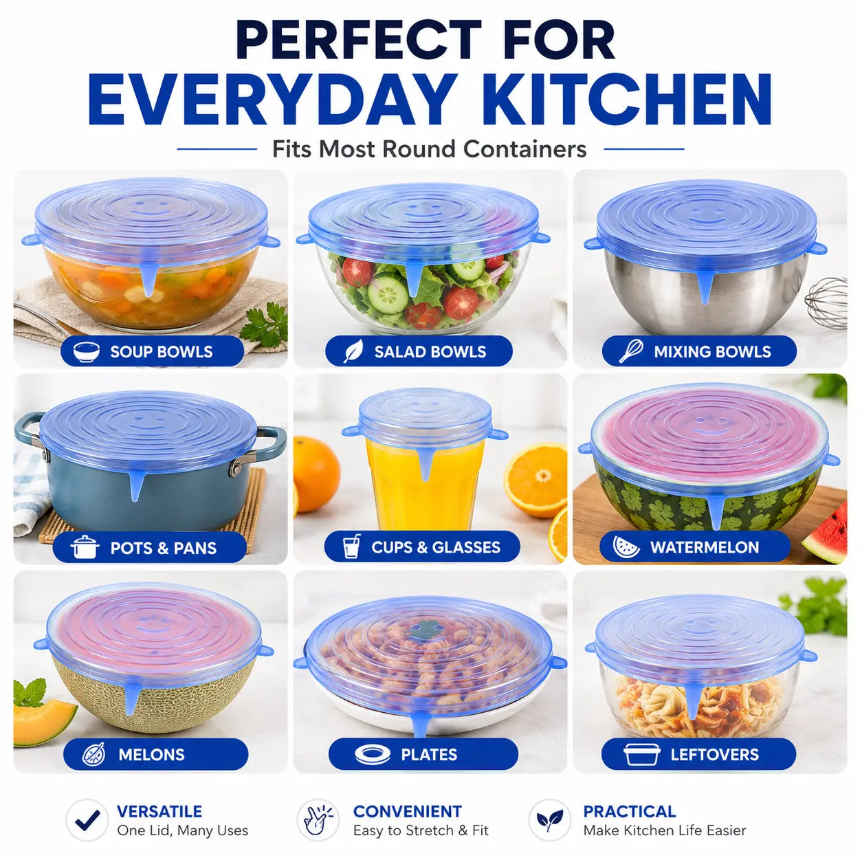 Universal Silicone Stretch Lids – Reusable Food Storage Covers (6 Pack)