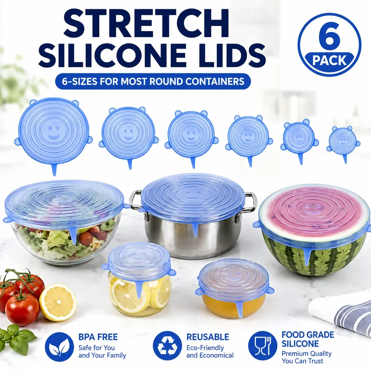 Universal Silicone Stretch Lids – Reusable Food Storage Covers (6 Pack)